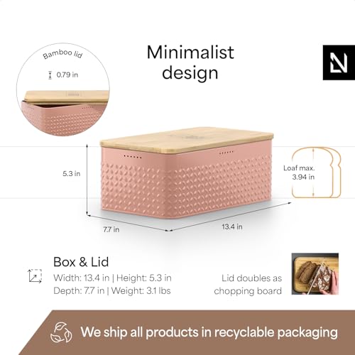 LARS NYSØM Bread Box I Metal Box with linen bag for long lasting freshness I Bread Bin with bamboo lid usable as cutting board I 13.4x7.3x5.3In (Blush Rose)